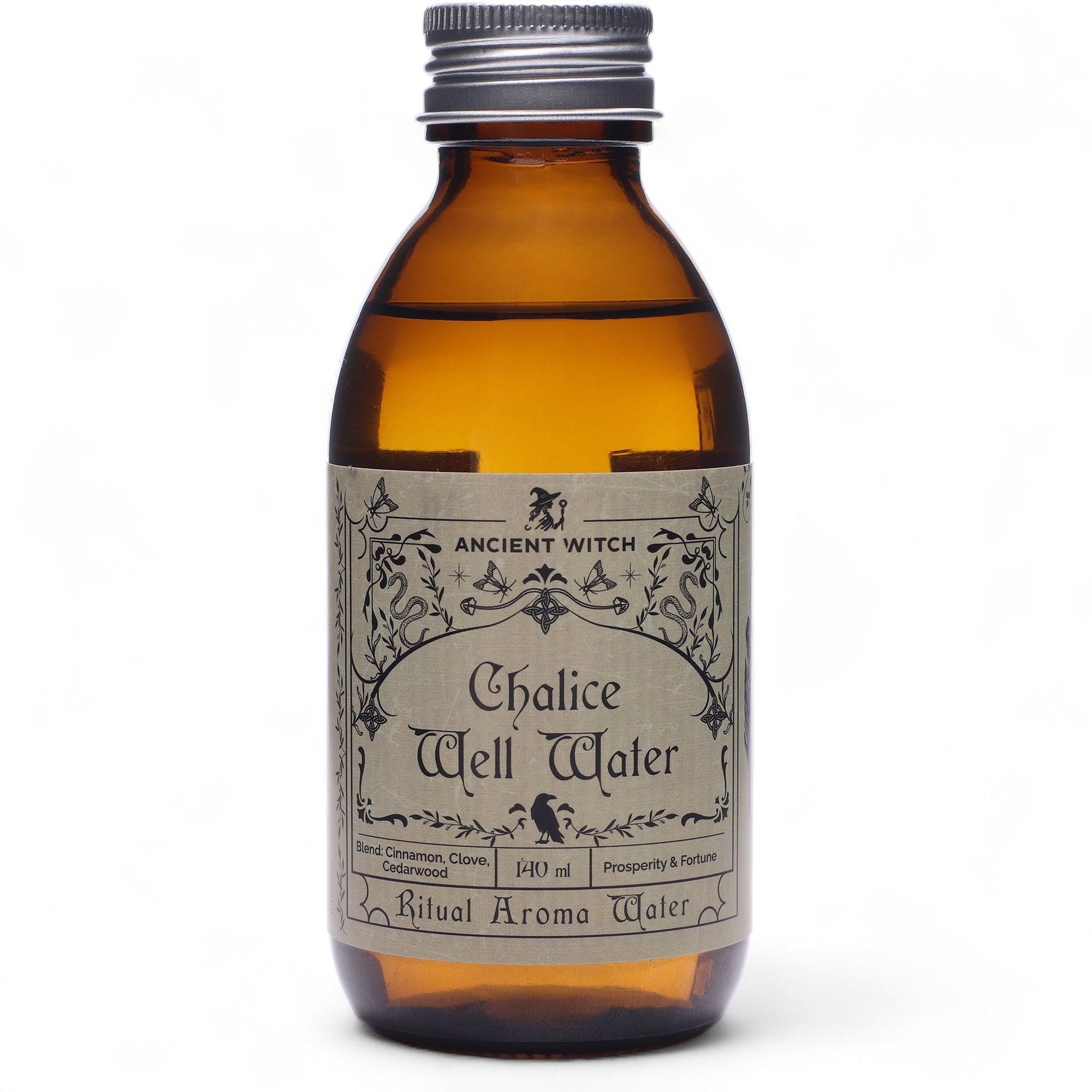 Flacon en verre ambré de l’eau rituelle Chalice Well Water avec étiquette vintage, inspirée des rituels de purification et de vitalité
