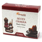 Boîte de cônes d’encens backflow Aromatika senteur 7 chakras avec packaging et illustration du brûleur