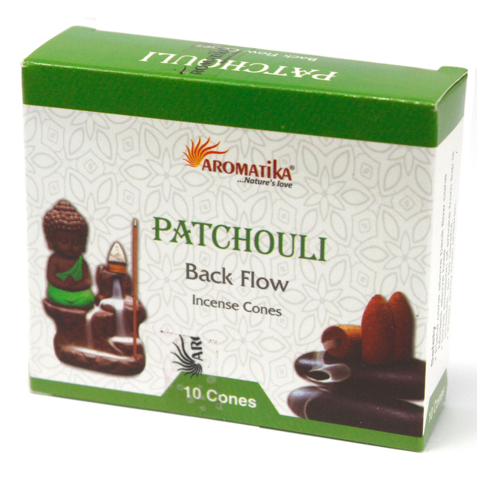 Boîte de cônes d’encens backflow Aromatika senteur patchouli avec packaging et illustration du brûleur