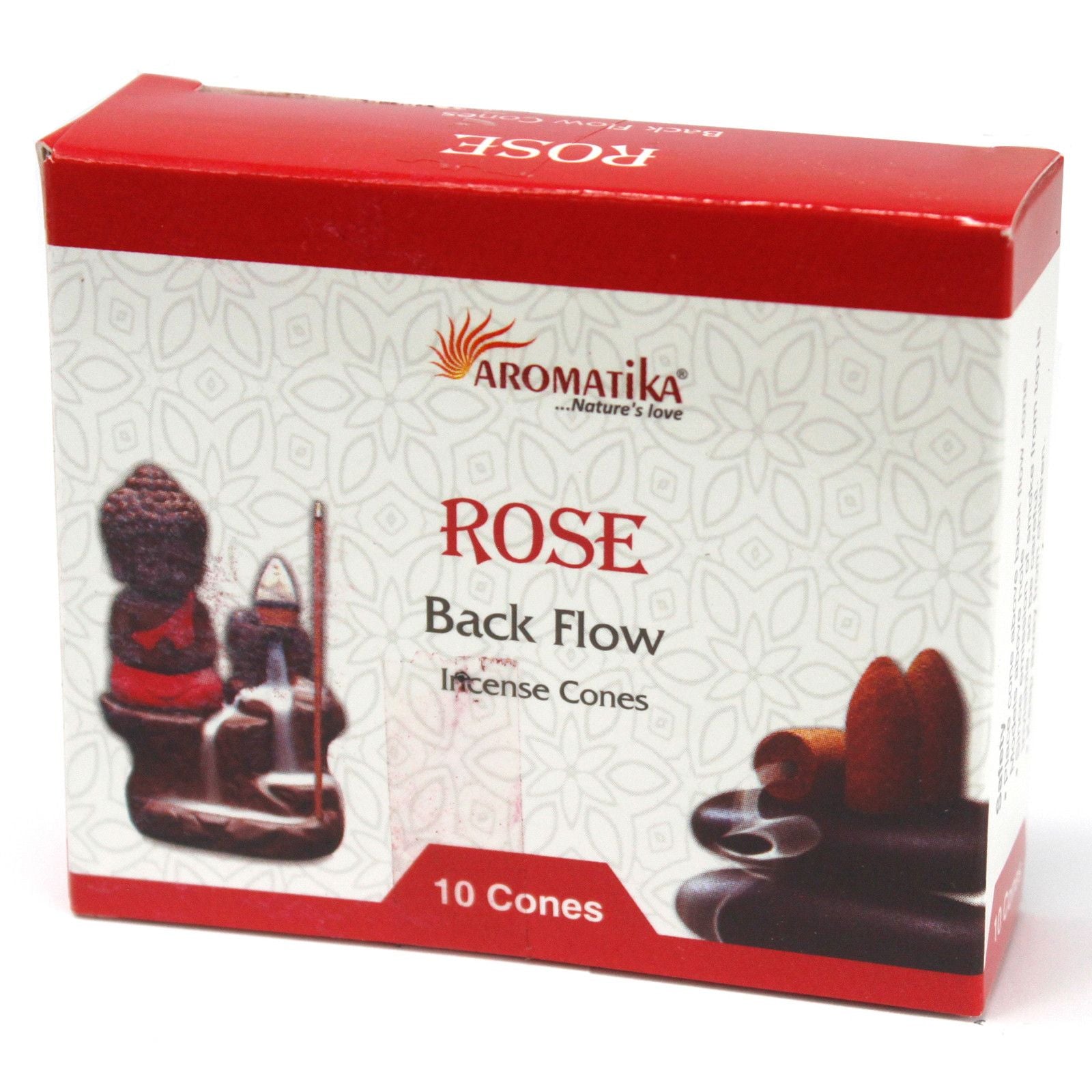 Boîte de cônes d’encens backflow Aromatika senteur rose avec packaging et illustration du brûleur