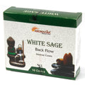Boîte de cônes d’encens backflow Aromatika senteur sauge blanche avec packaging et illustration du brûleur
