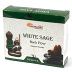 Boîte de cônes d’encens backflow Aromatika senteur sauge blanche avec packaging et illustration du brûleur