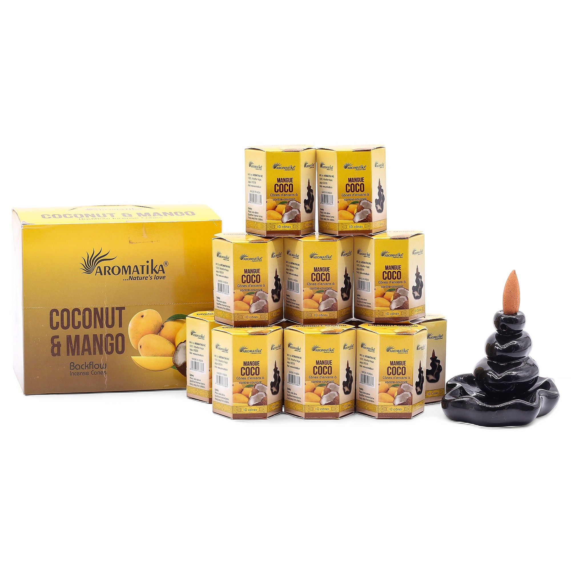 cônes d’encens backflow aromatika parfum coco mangue avec brûleur cascade créant un effet fumée descendante