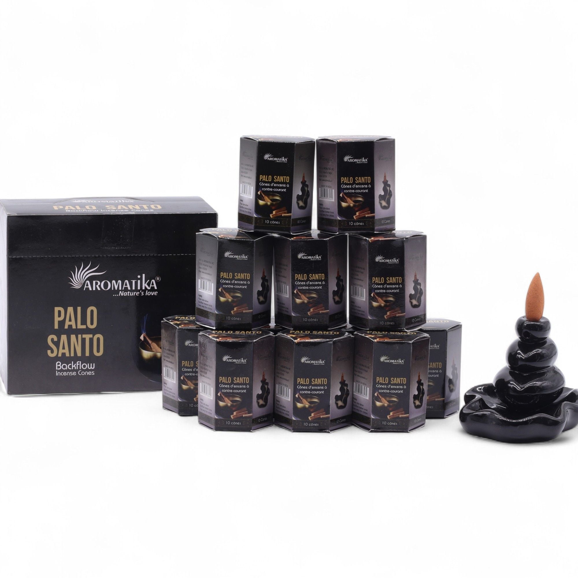 cônes d’encens backflow aromatika parfum palo santo avec brûleur cascade créant un effet fumée descendante