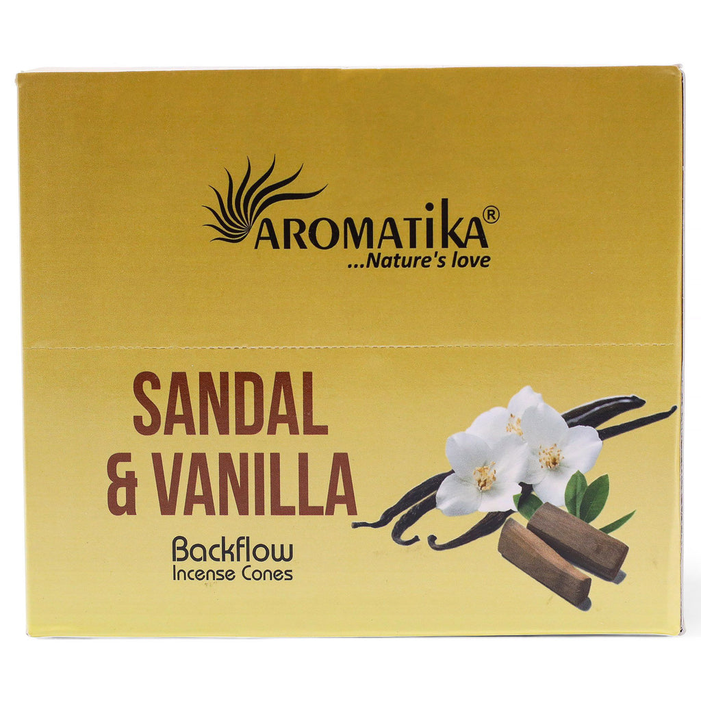boîte d’encens backflow masala aromatika parfum santal vanille contenant 10 cônes pour brûleur encens cascade