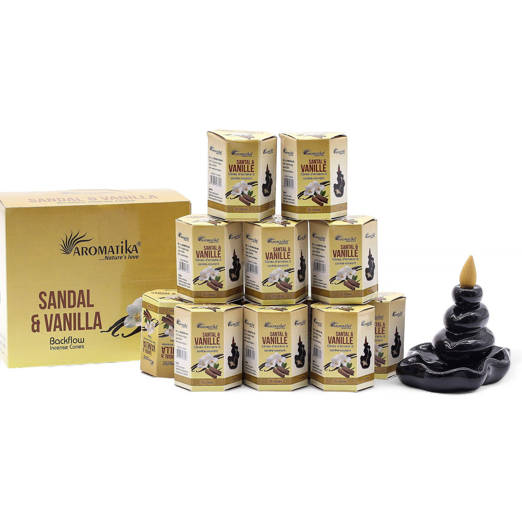 cônes d’encens backflow aromatika parfum santal vanille avec brûleur cascade créant un effet fumée descendante
