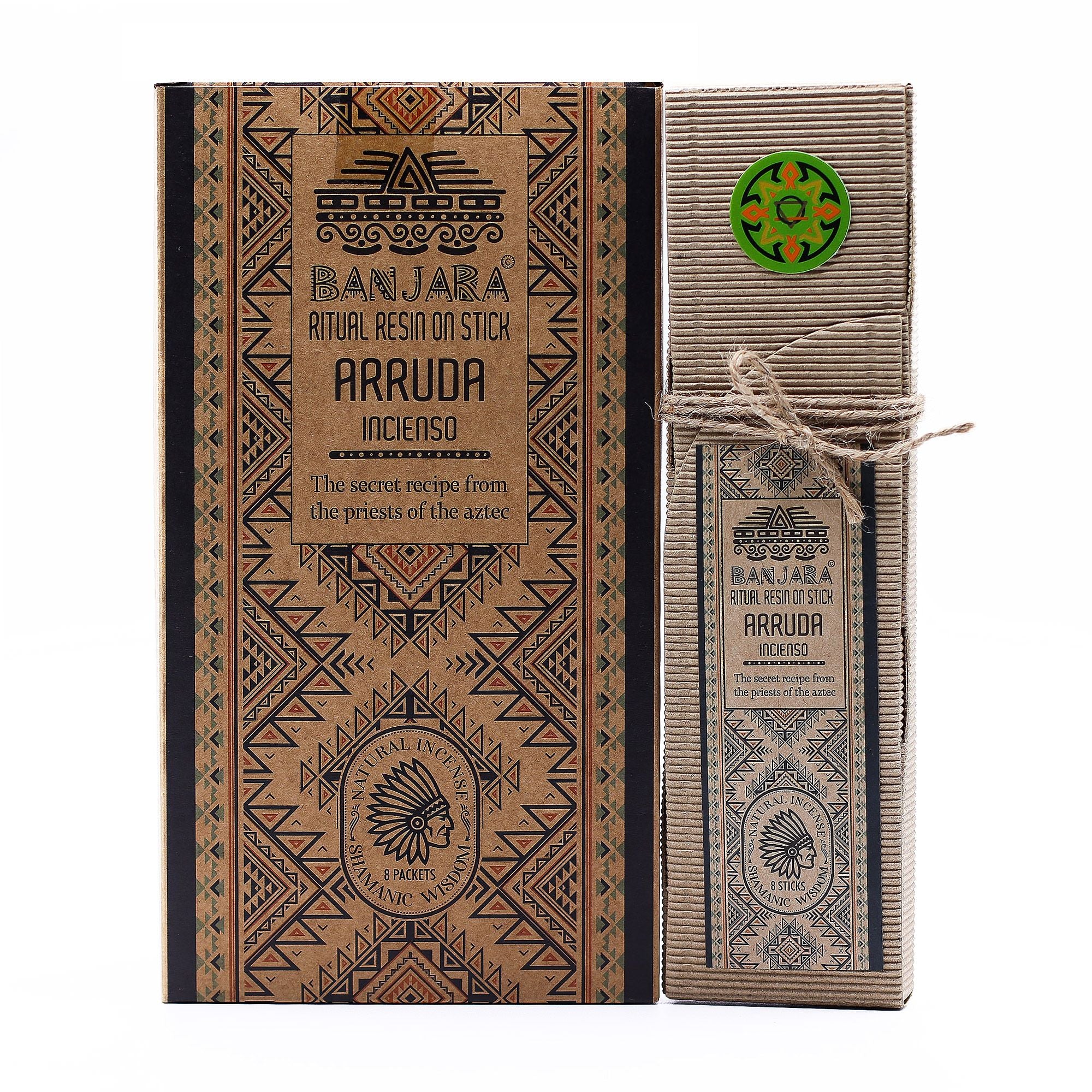 Boîte d'encens résine sur bâton Arruda Banjara avec packaging artisanal décoré de motifs éthniques