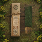 Encens résine sur bâton Arruda Banjara avec boîte écologique, bâtons d’encens verts et plantes naturelles disposées sur fond terreux
