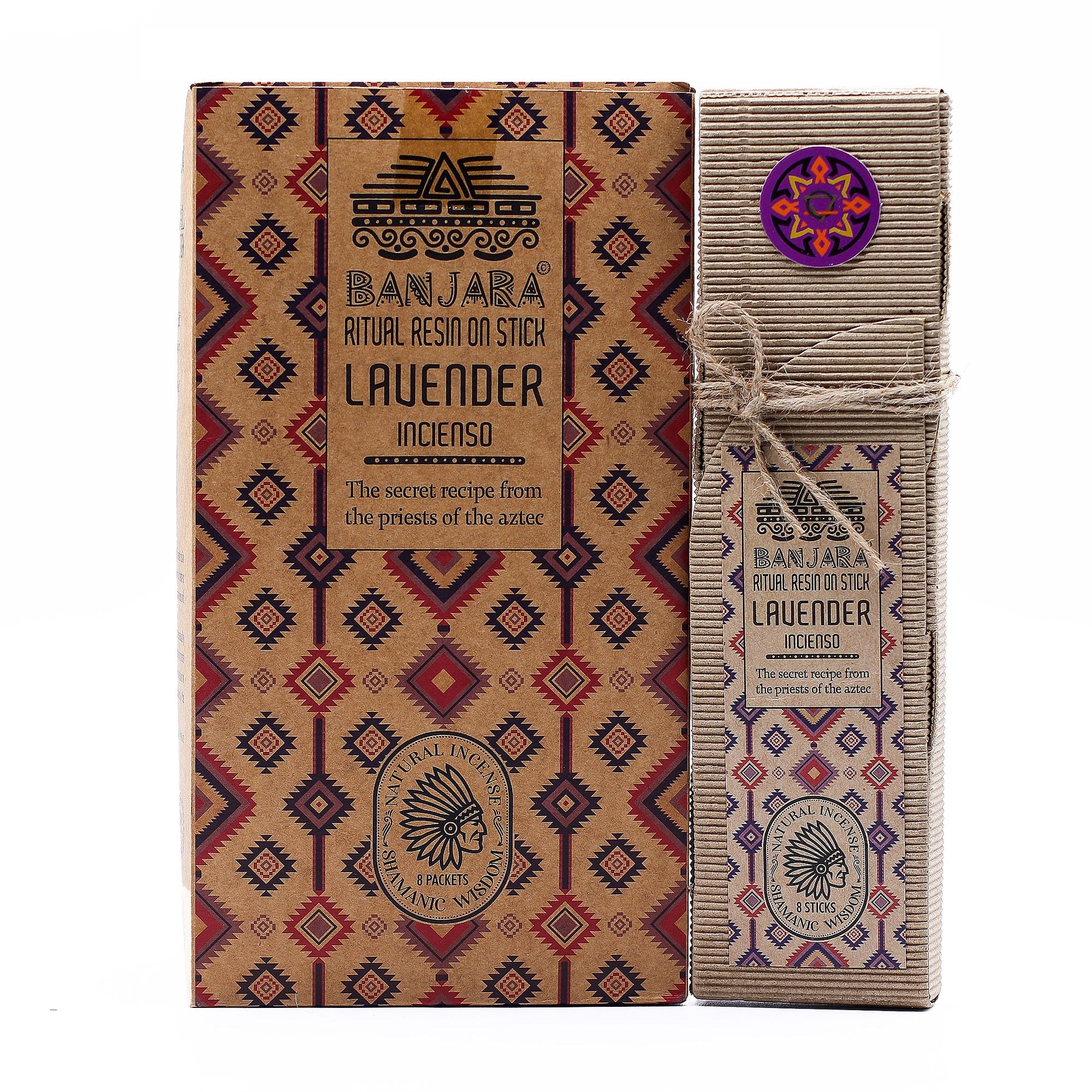 Boîte d'encens résine sur bâton lavande banjara avec packaging artisanal décoré de motifs ethniques