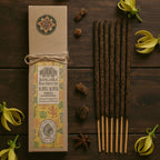 Encens résine sur bâton Ylang Ylang Banjara avec boîte écologique, bâtons d’encens verts et plantes naturelles disposées sur fond terreux