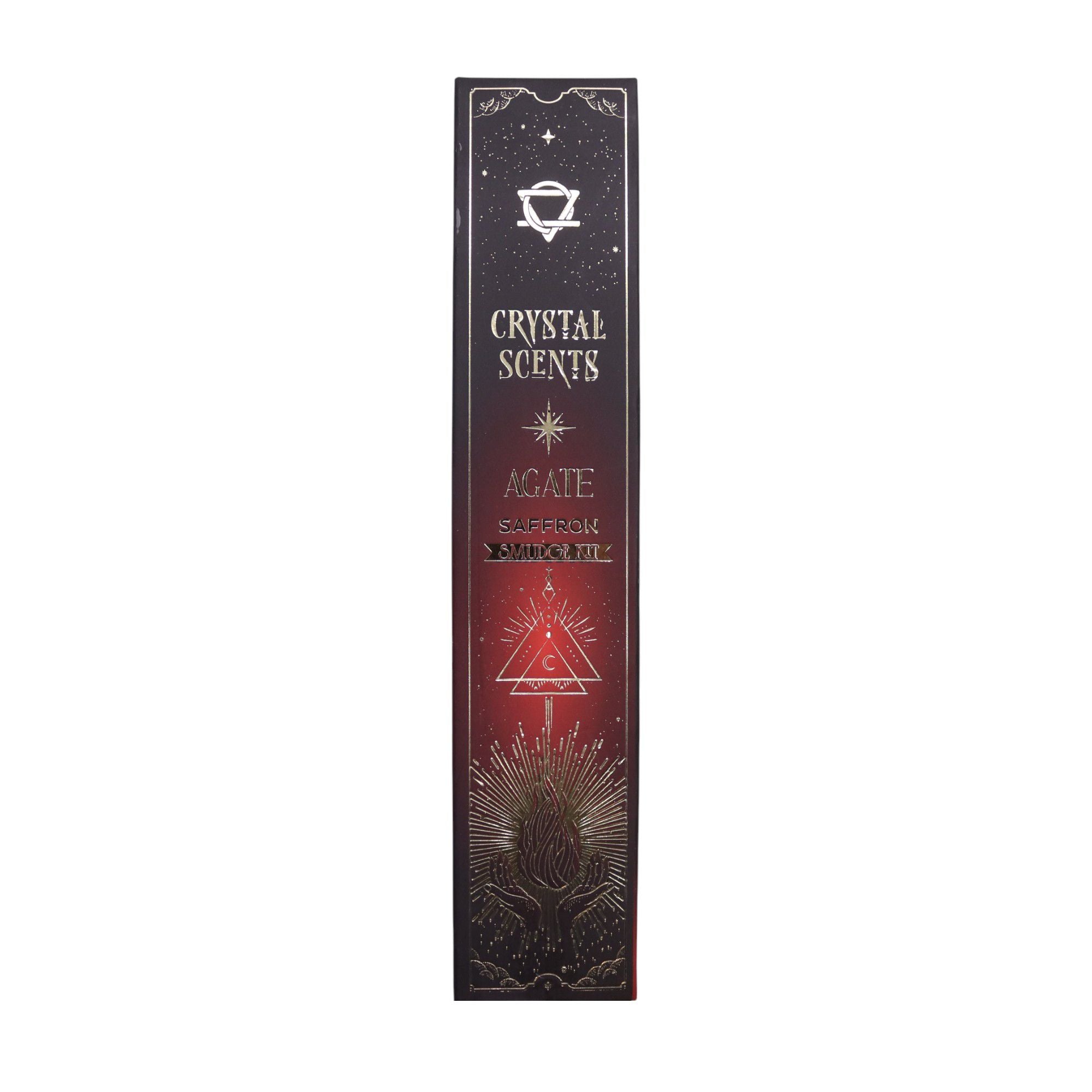 Boîte d’encens smudge cristal agathe rouge et safan avec design céleste noir rouge et motifs spirituels dorés