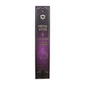 Boîte d’encens smudge cristal amethyste et lavande avec design céleste noir et motifs spirituels dorés
