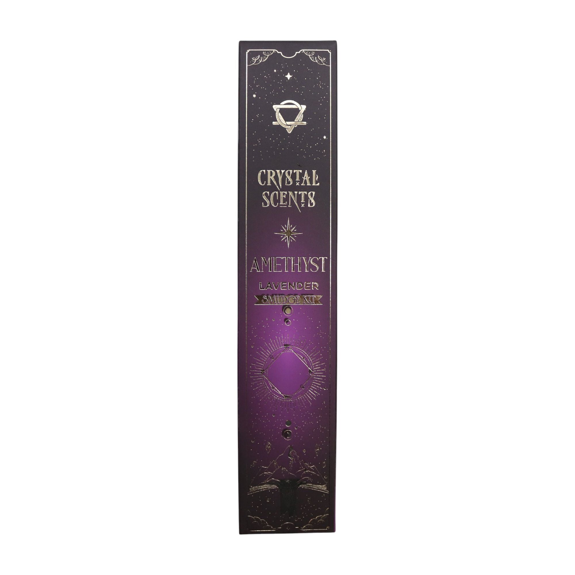 Boîte d’encens smudge cristal amethyste et lavande avec design céleste noir et motifs spirituels dorés
