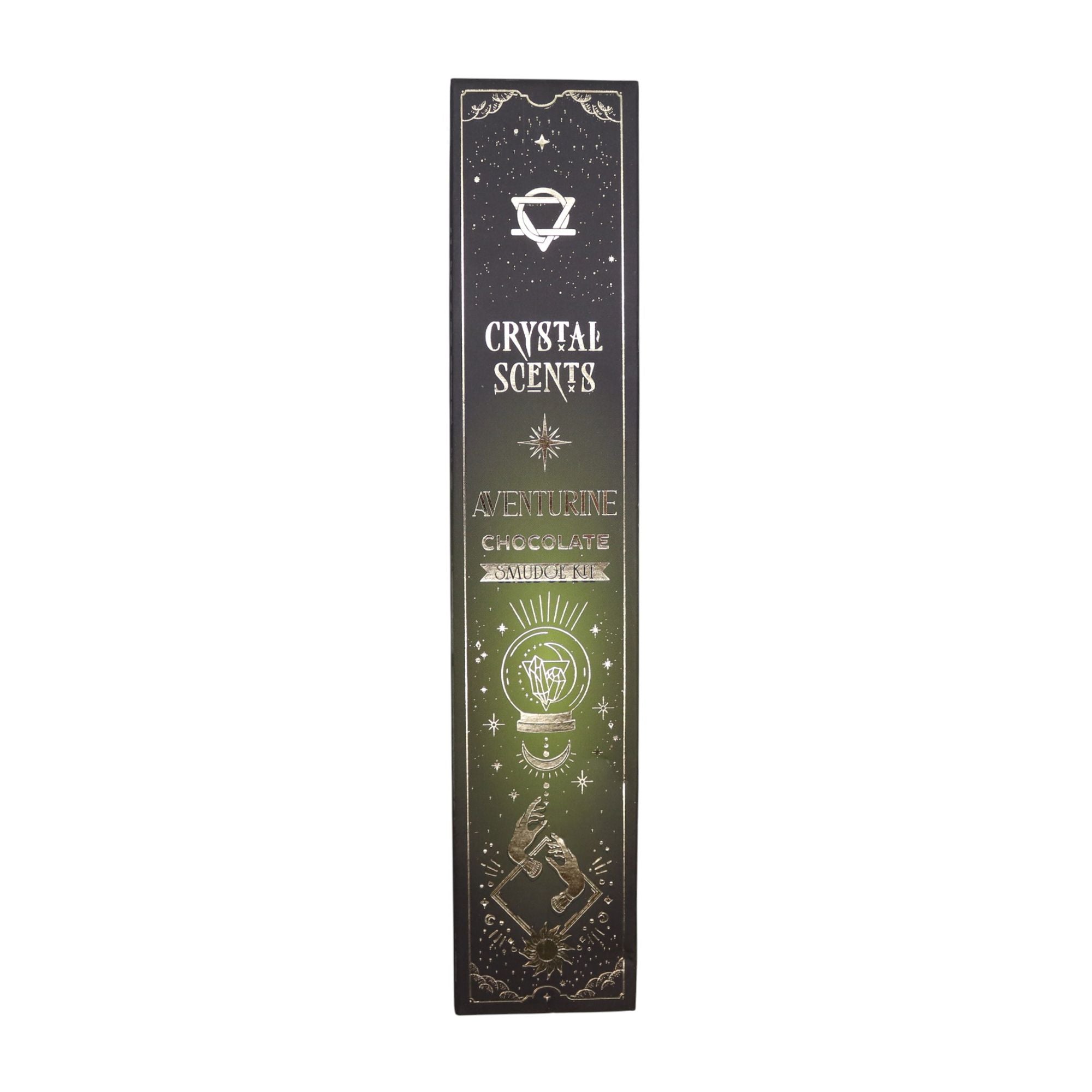 Boîte d’encens smudge cristal aventurine et chocolat avec design céleste noir et motifs spirituels dorés