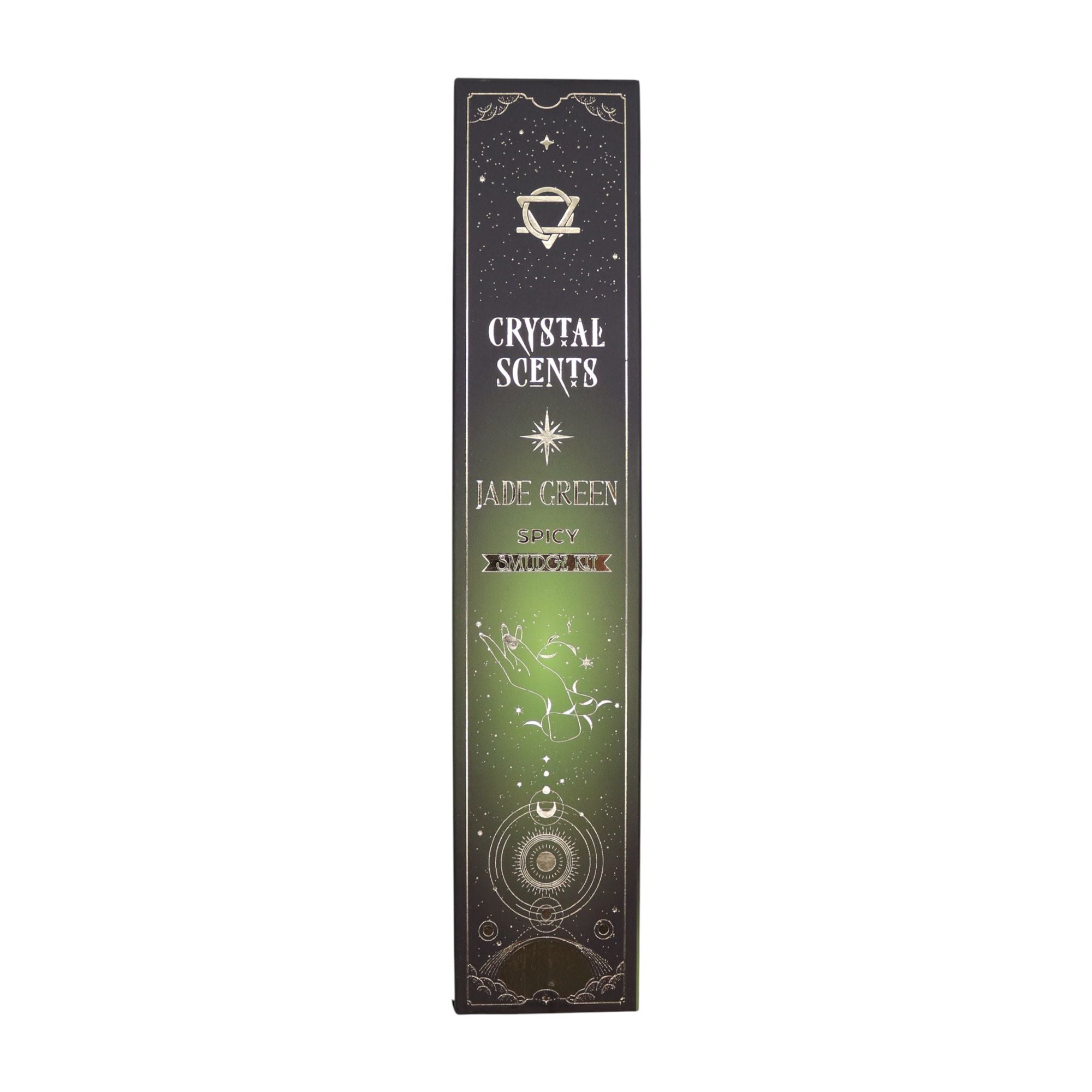 Boîte d’encens smudge cristal jade et épicé avec design céleste noir et vert et motifs spirituels dorés