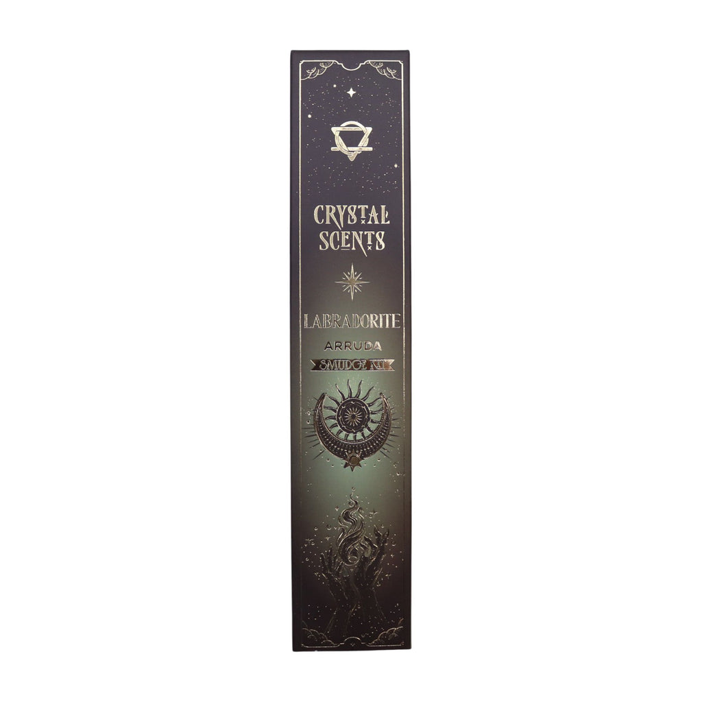 Boîte d’encens smudge cristal labradorite et arruda avec design céleste noir et motifs spirituels dorés