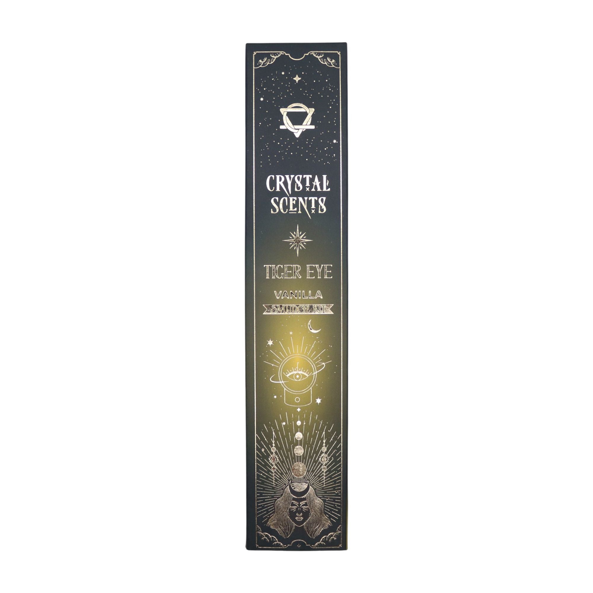 Boîte d’encens smudge cristal oeil de tigre et vanille avec design céleste noir et motifs spirituels dorés