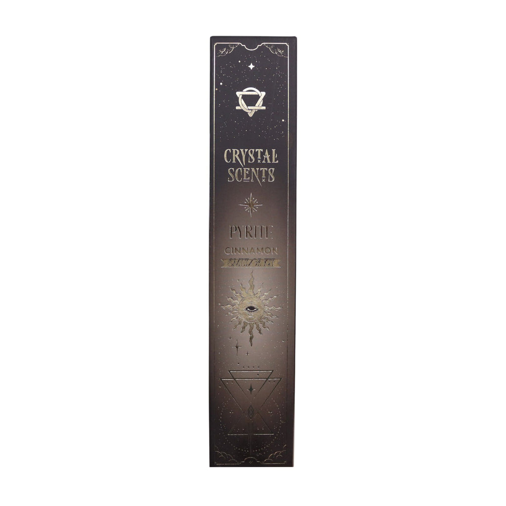Boîte d’encens smudge cristal pyrite et senteur cannelle avec design céleste noir et motifs spirituels dorés