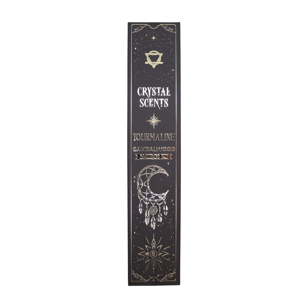 Boîte d'encens smudge cristal tourmaline et bois de santal avec design céleste noir et motifs spirituels dorés