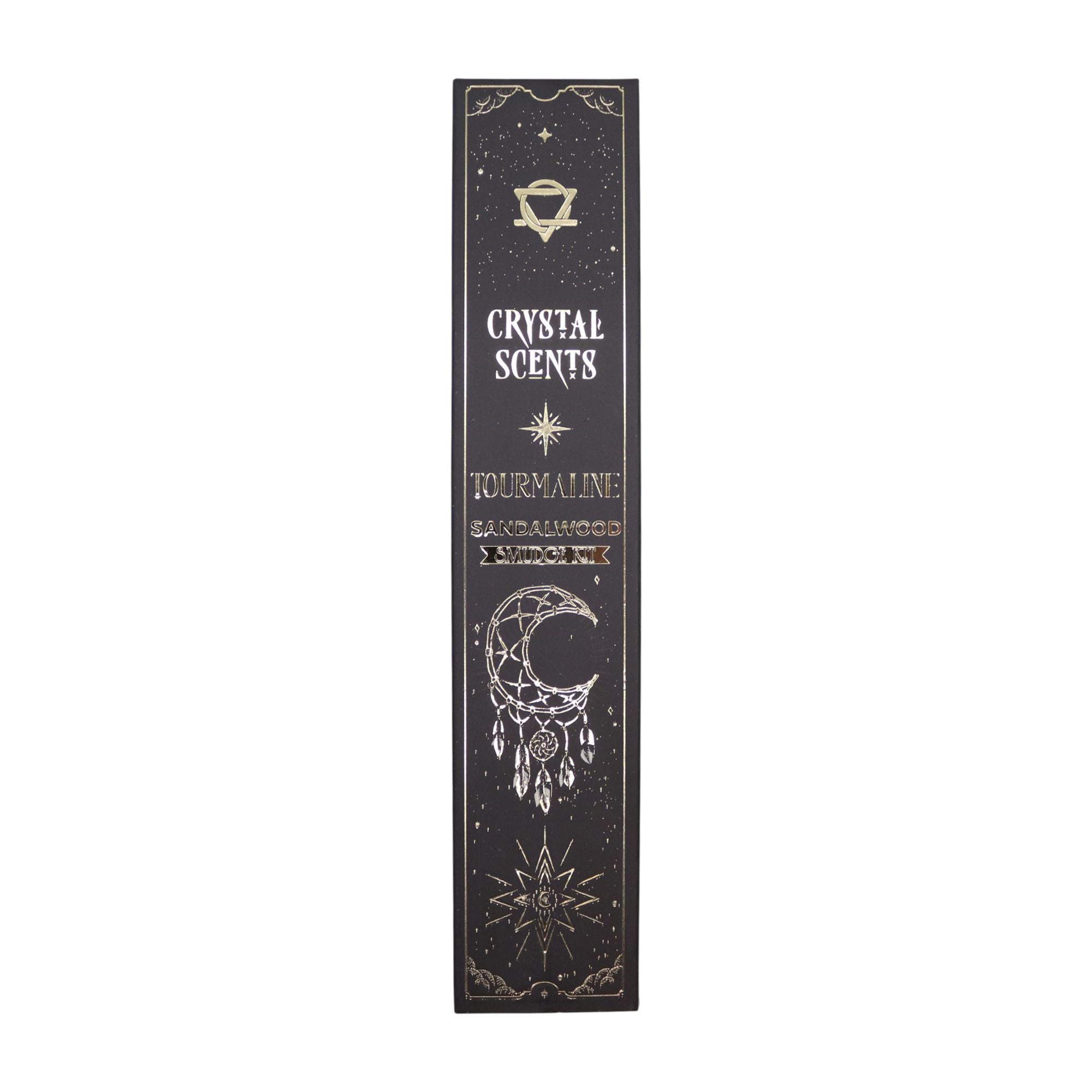 Boîte d'encens smudge cristal tourmaline et bois de santal avec design céleste noir et motifs spirituels dorés