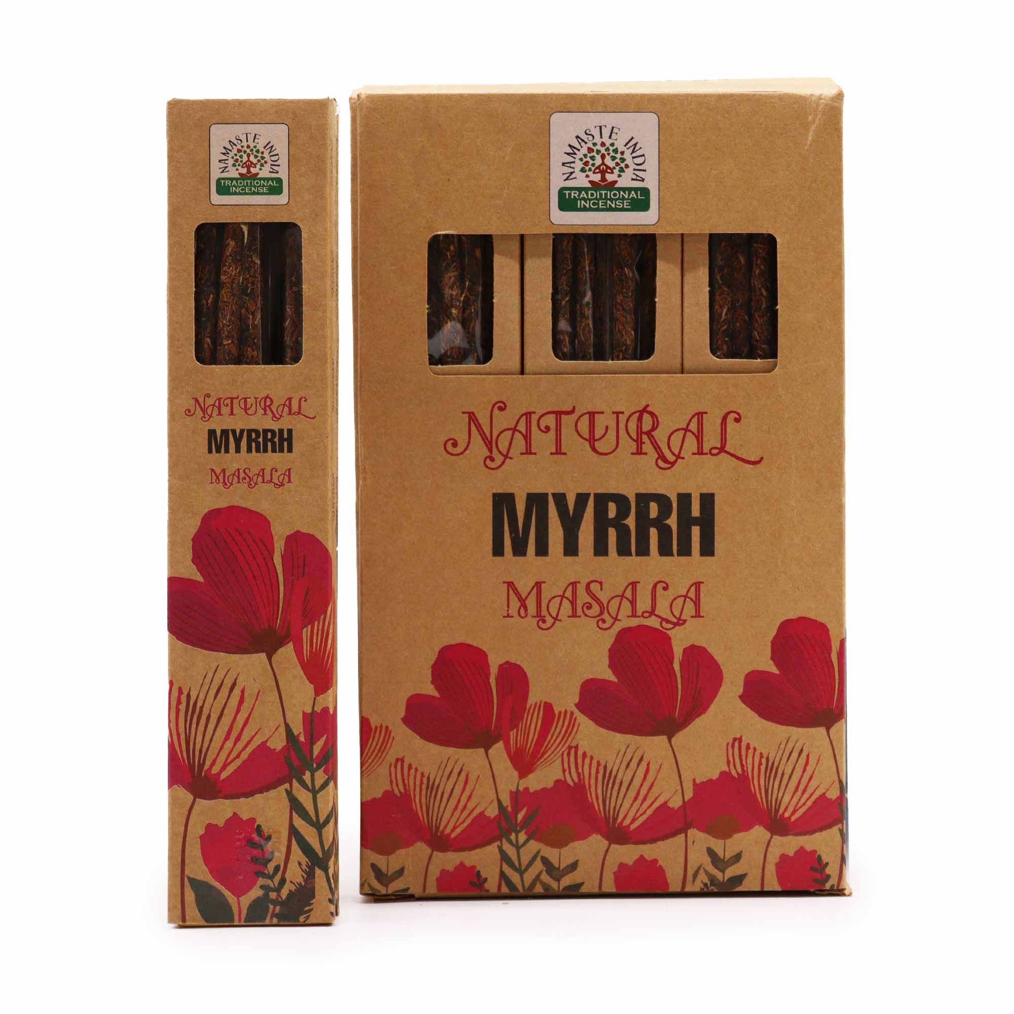 Boîte d’encens Botanical Masala myrrhe avec étui et design floral sur fond blanc