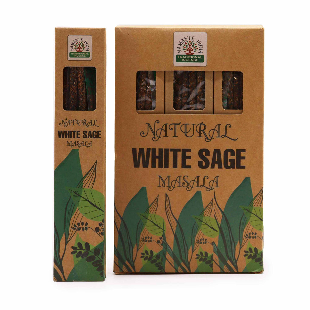 Boîte d’encens Botanical Masala sauge blanche avec étui et design floral sur fond blanc