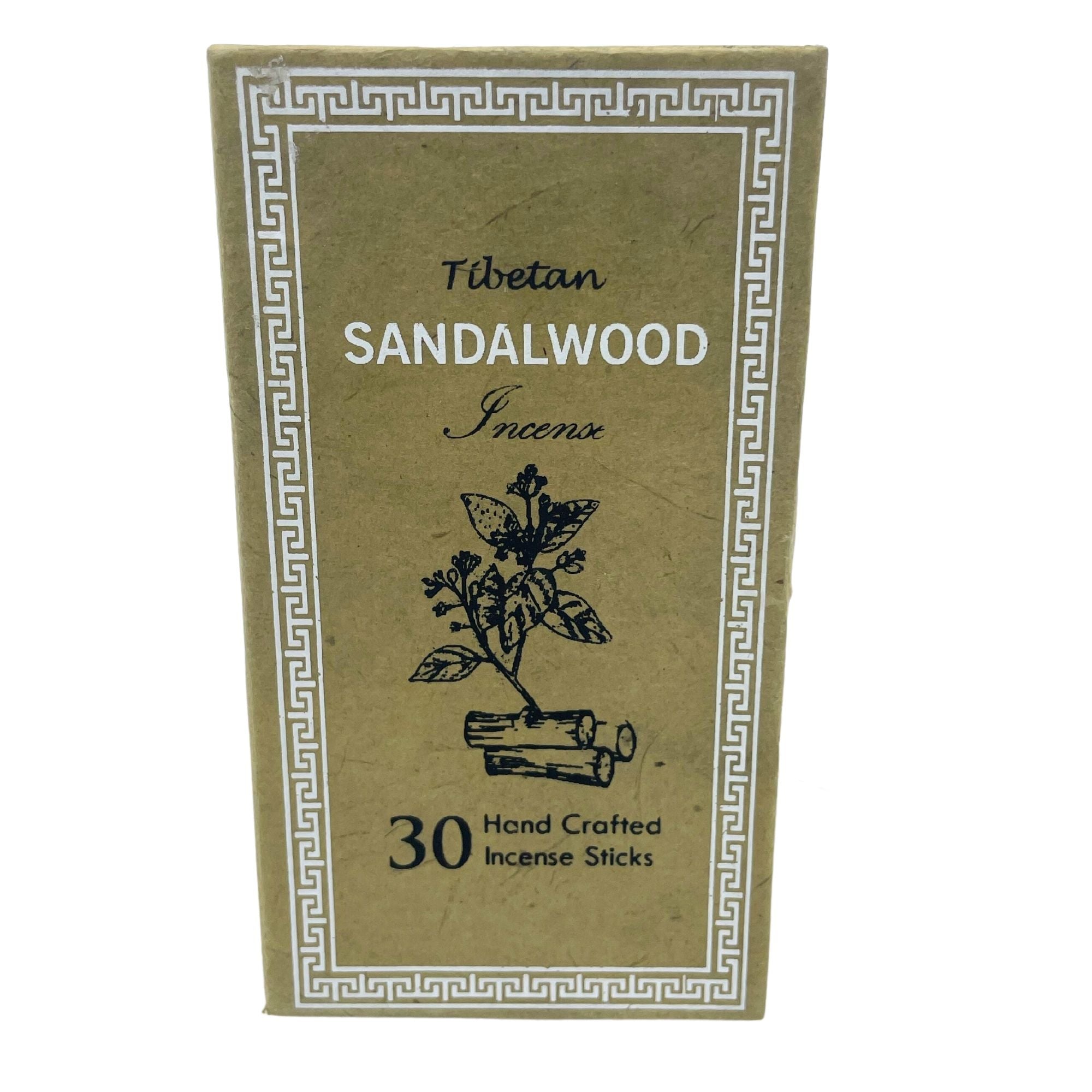 Boîte d’encens tibétain bois de santal contenant 30 bâtons faits à la main sur fond blanc