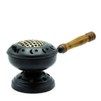 Encensoir en fonte avec détails grille doré et manche en bois, brûleur d’encens sur pied pour résine et charbon avec décor lune et étoile