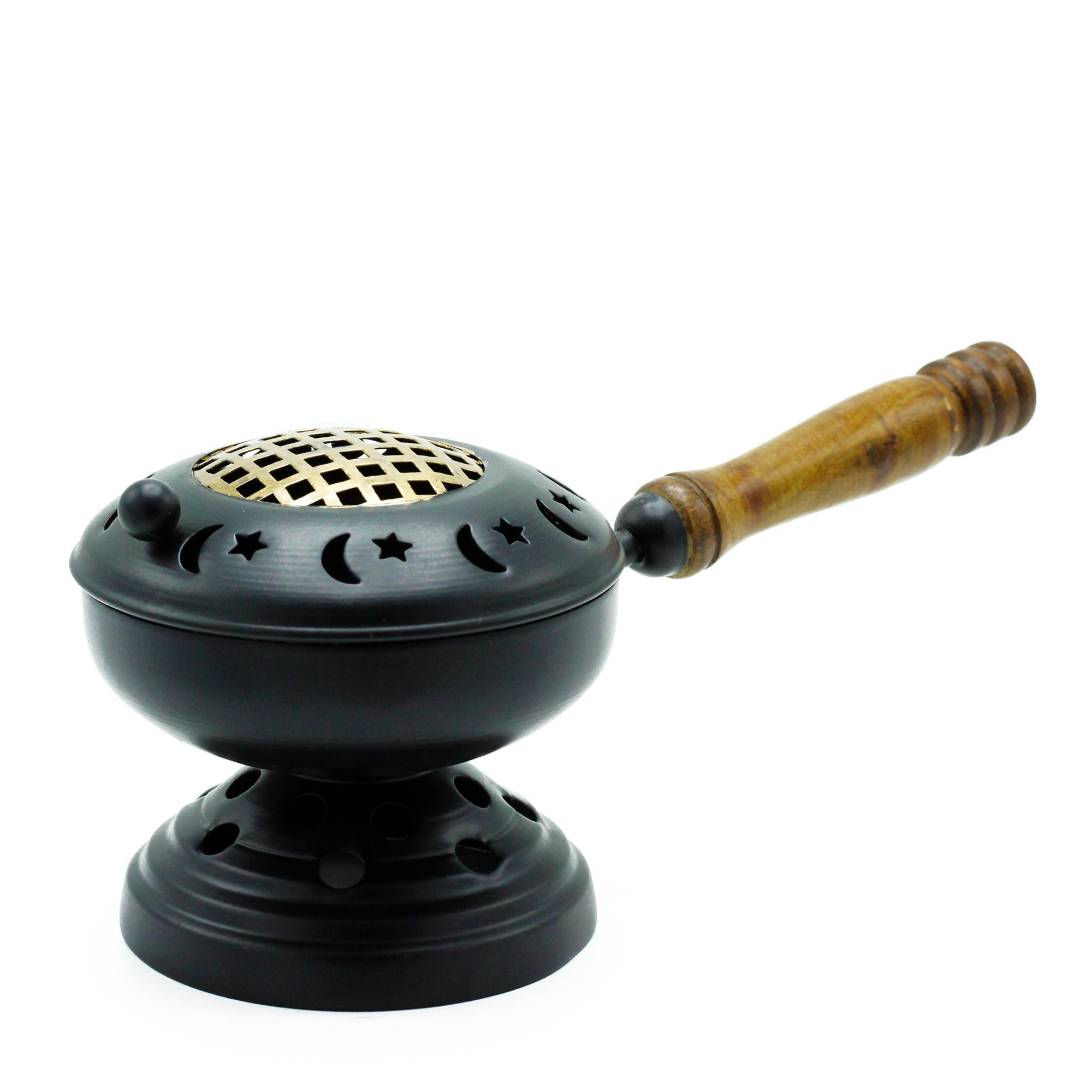 Encensoir en fonte avec détails grille doré et manche en bois, brûleur d’encens sur pied pour résine et charbon avec décor lune et étoile