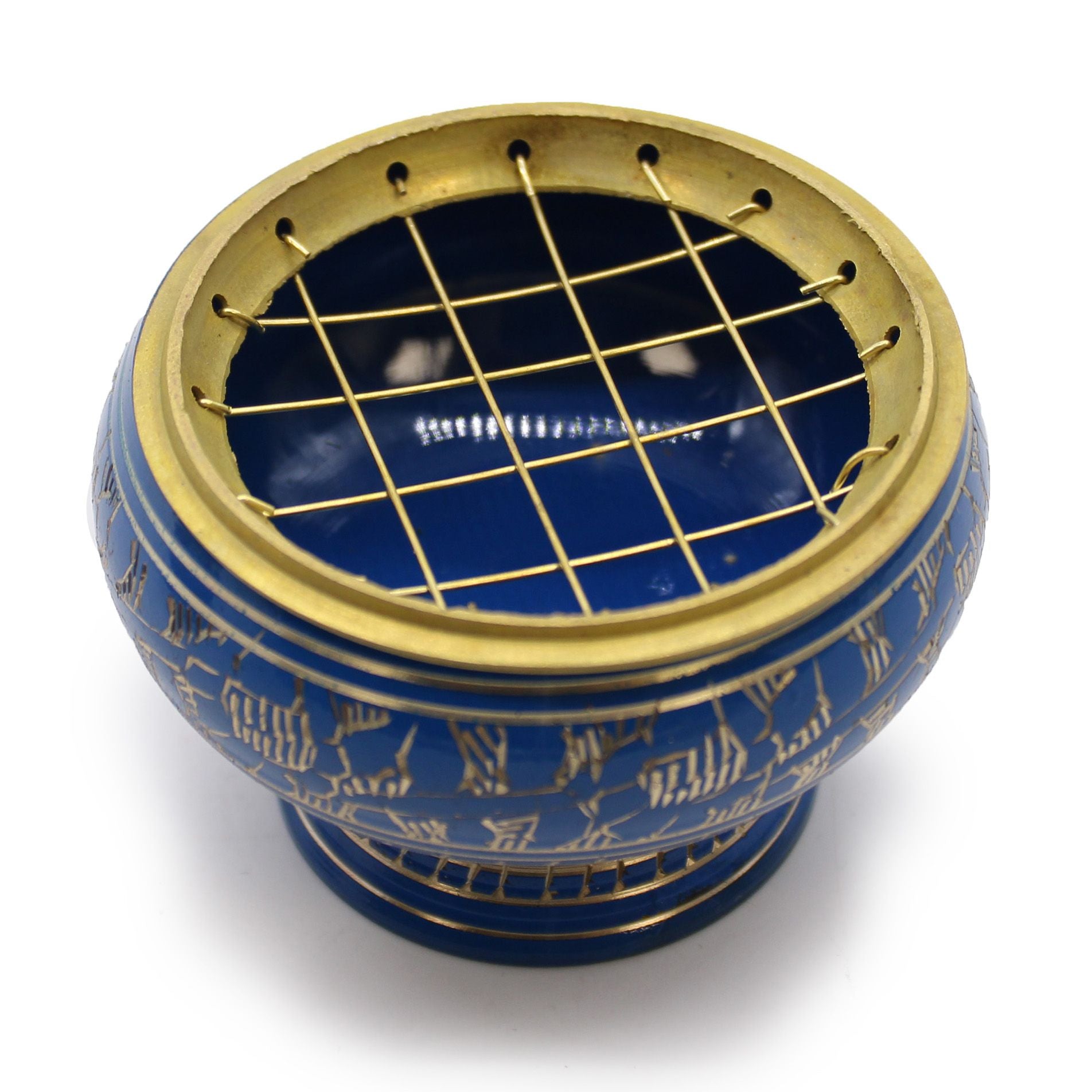 Détail du brûleur d’encens en laiton bleu avec grille or pour charbon, chakra 3ème oeil, vue du dessus