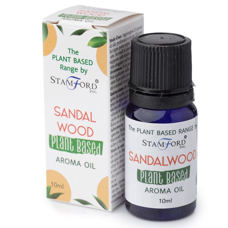 Flacon huile aromatique bois de santal avec son étui au design naturel, idéal pour diffusion et ambiance bien-être