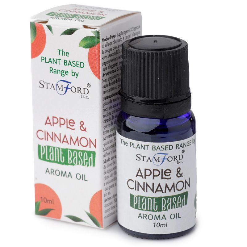 Flacon huile aromatique pomme cannelle avec son étui au design naturel, idéal pour diffusion et ambiance bien-être
