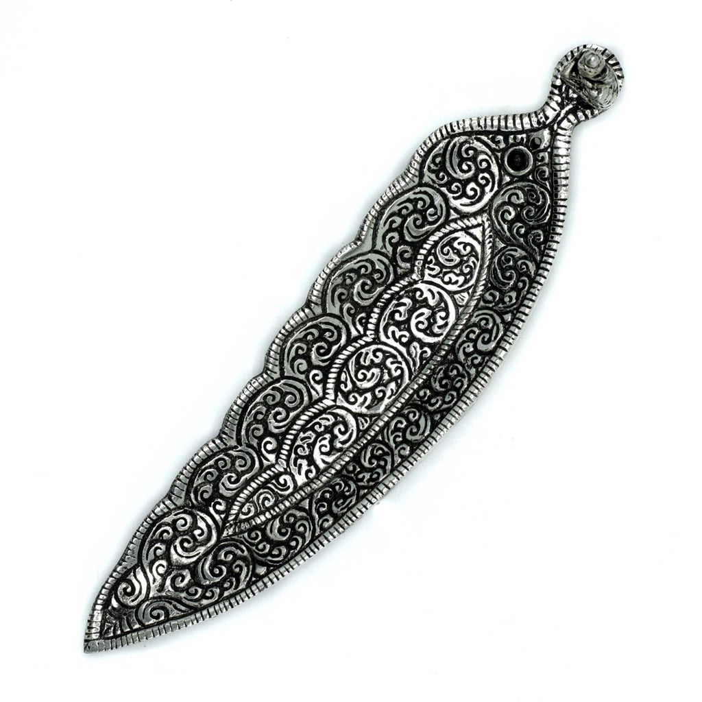 Porte-encens Bouddha long 23 cm en métal gravé, vue de dessus avec motifs détaillés, idéal pour rituel méditation et décoration zen.