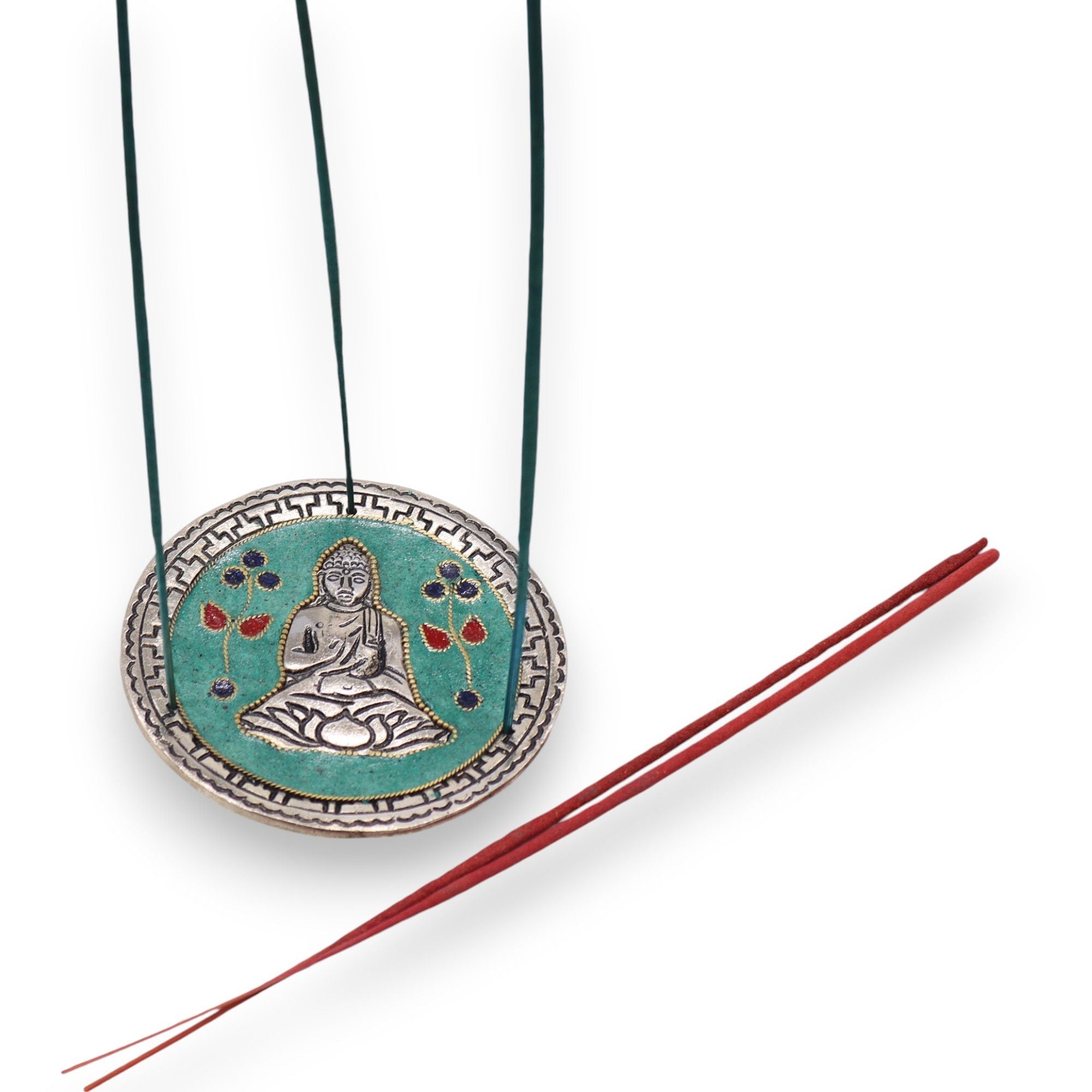 Porte-encens Bouddha vert en aluminium utilisé avec bâtons d’encens pour rituel de méditation