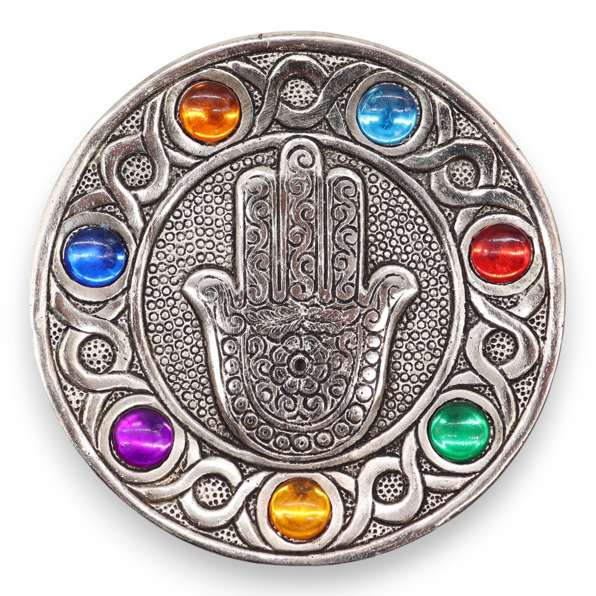 Porte-encens Hamsa 7 Chakras, symbole de protection et d’harmonisation pour rituel méditation. Pierre 7 chakras et mains d'Hamsa. 