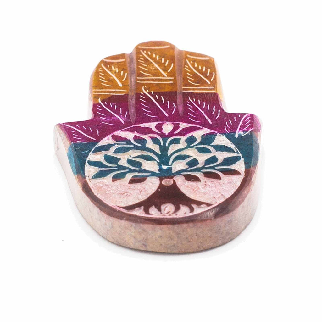 Porte-Encens Hamsa (Fatma) & Arbre de Vie en pierre stéatite (soapstone) 9x6 cm, symbole de protection pour rituel et méditation.