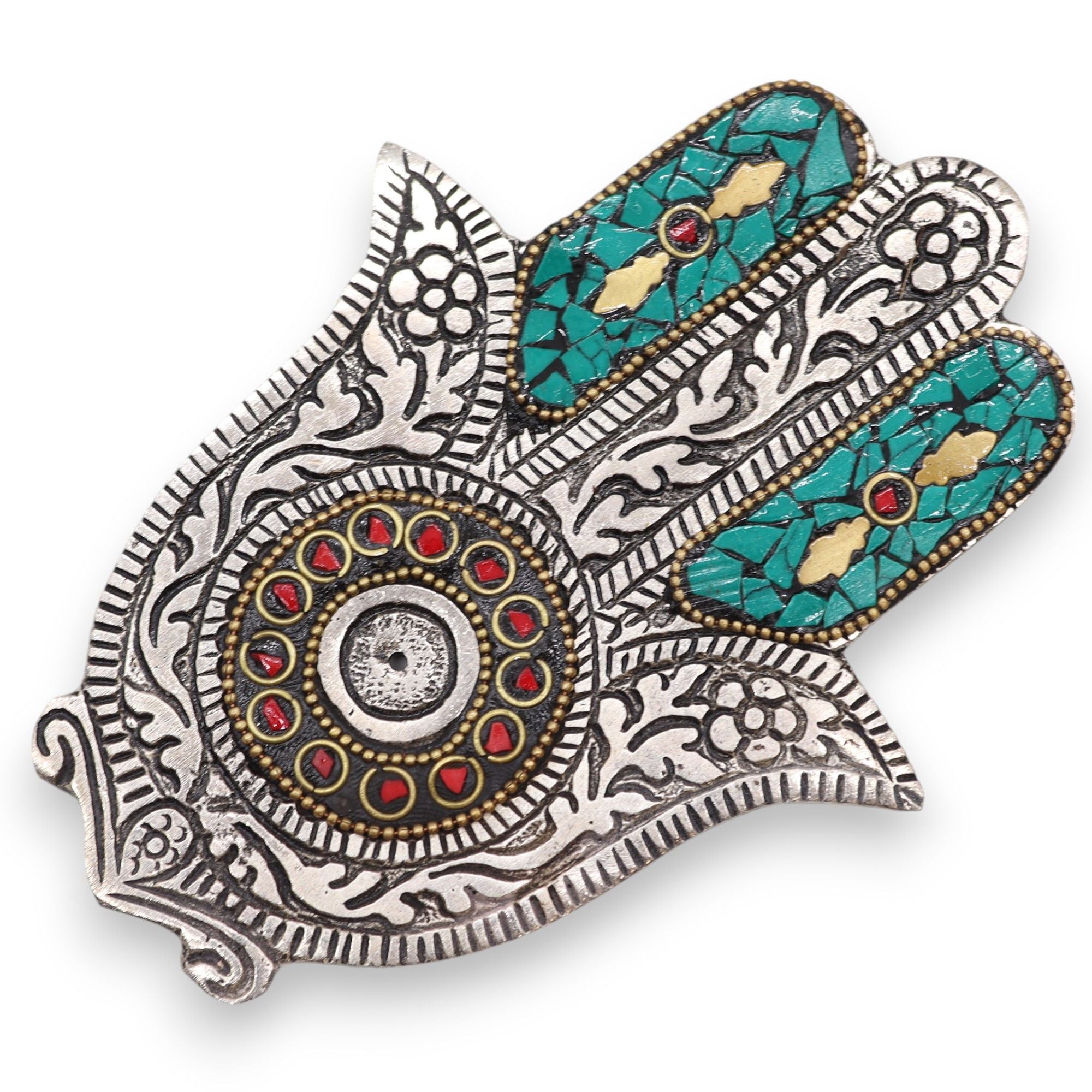 Porte-encens Hamsa vert artisanal, symbole de protection et décoration spirituelle pour espace méditation.