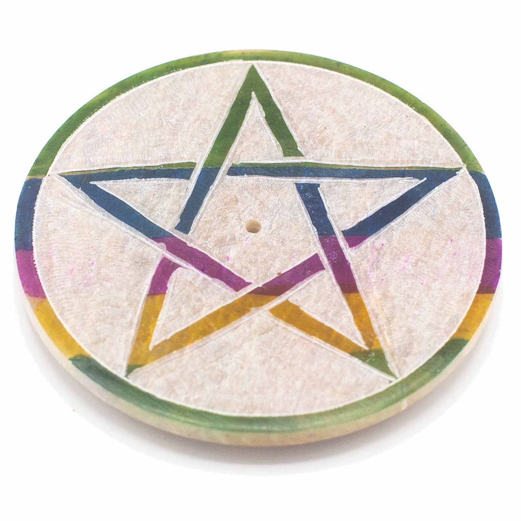 Porte-Encens Pentagramme en pierre soapstone 8 cm, disque symbole géométrie sacrée pour rituel et méditation.