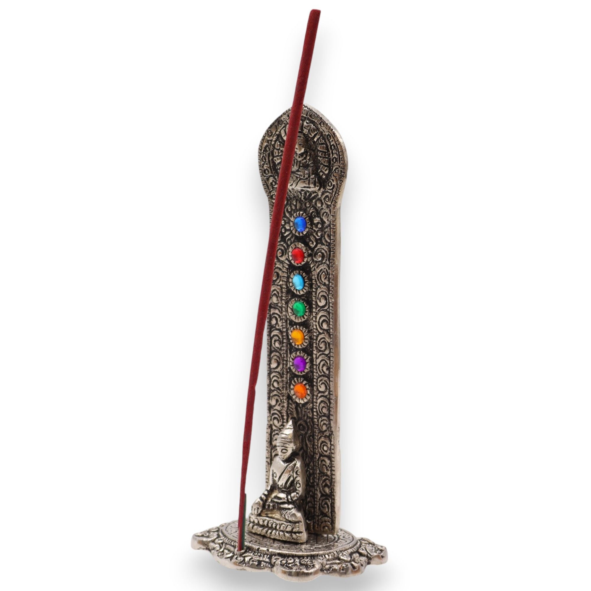 Porte-encens Tour Bouddha 7 Chakras avec bâton d’encens inséré, support vertical pour pratique de méditation et ambiance spirituelle apaisante.