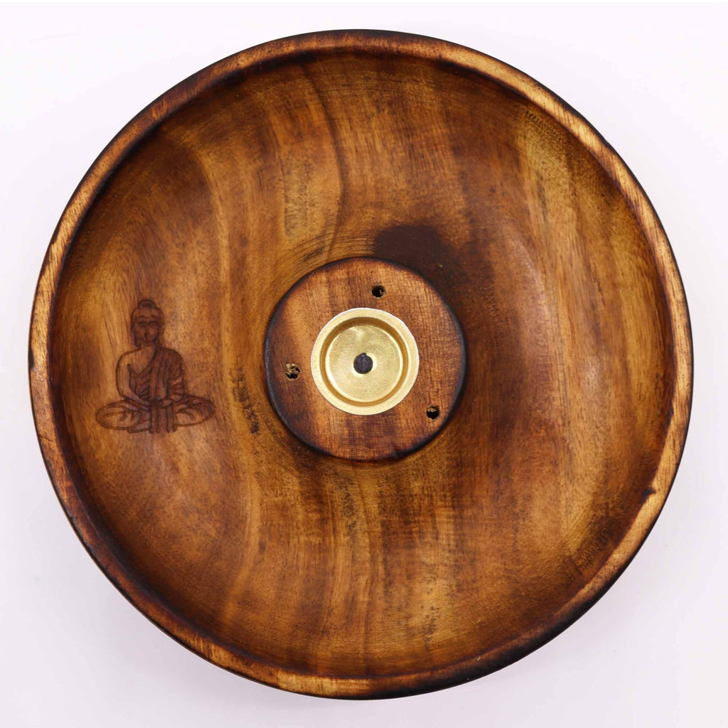 porte encens en bois naturel avec gravure bouddha méditation et support central pour encens bâtons et cônes