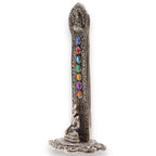 Vue latérale du porte-encens Tour Bouddha 7 Chakras en aluminium, pièce verticale décorative pour autel spirituel ou coin méditation.
