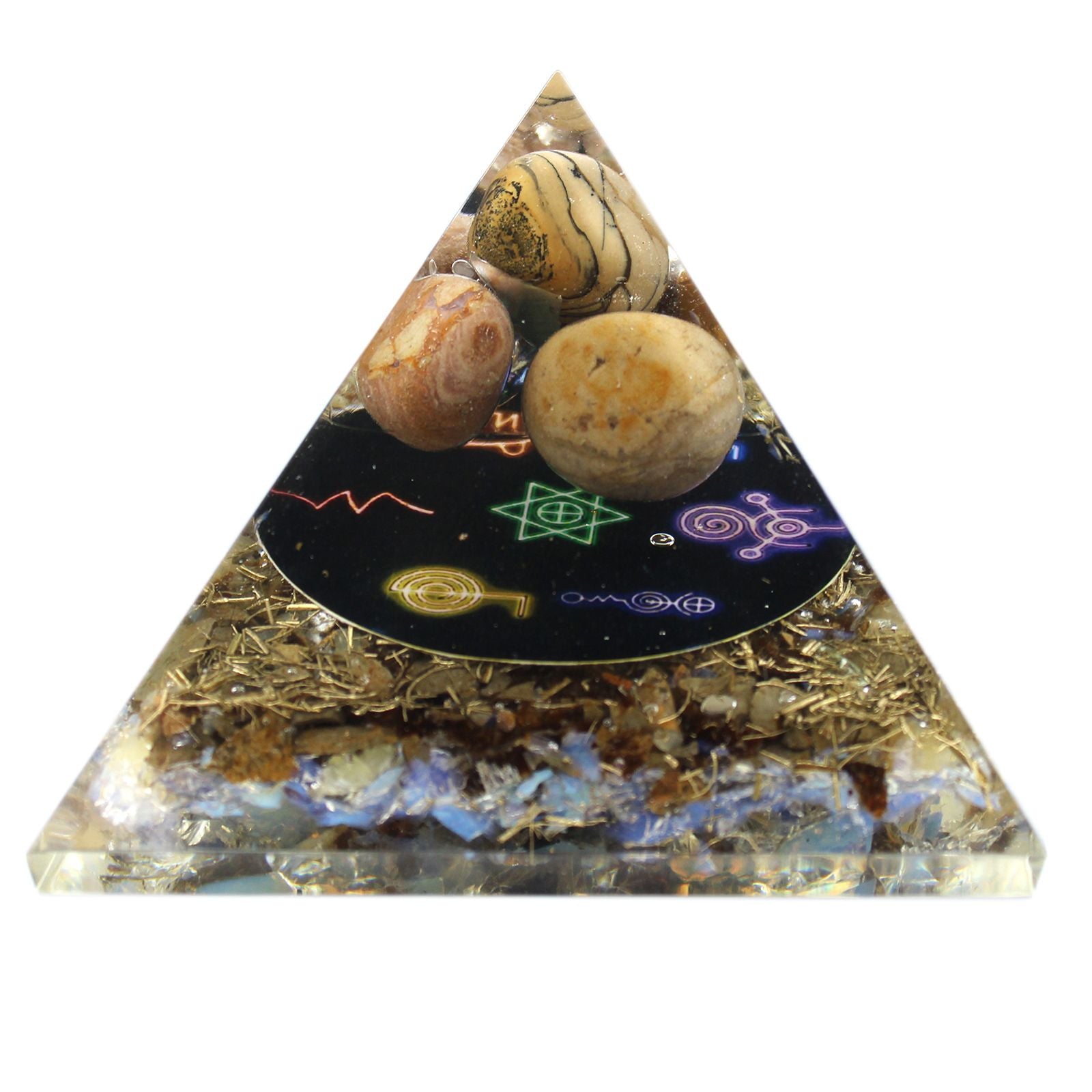 pyramide orgonite midnight reiki avec symboles energetiques et pierres naturelles