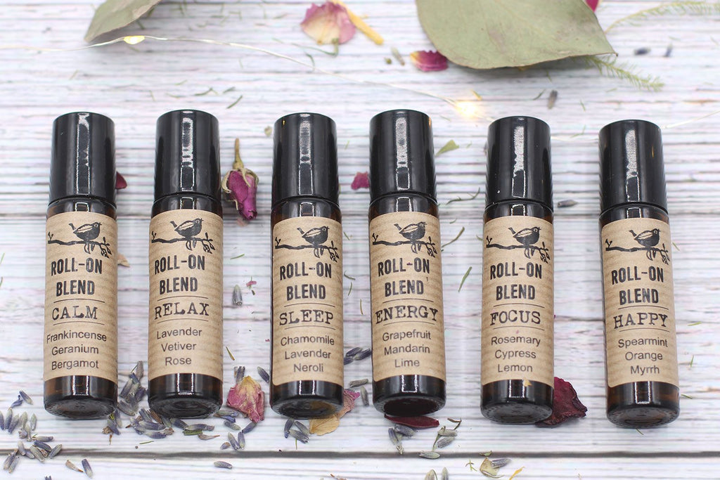 Collection de roll-on d'huiles essentielles 10ml pour romathérapie - Sommeil, Relax, Calme, Energie, Focus, Happy