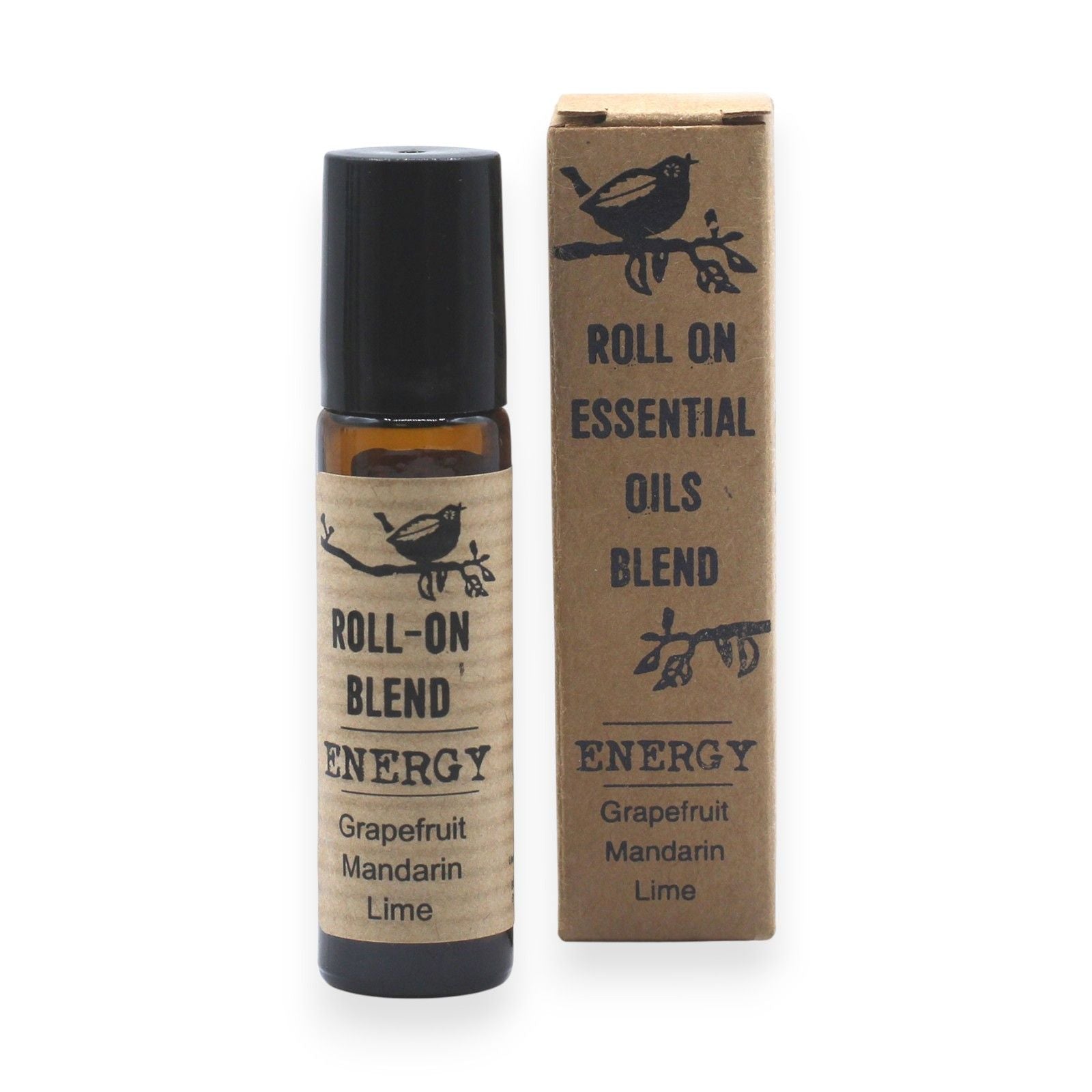 Roll-on huiles essentielles energie 10 ml avec flacon en verre ambré et emballage carton