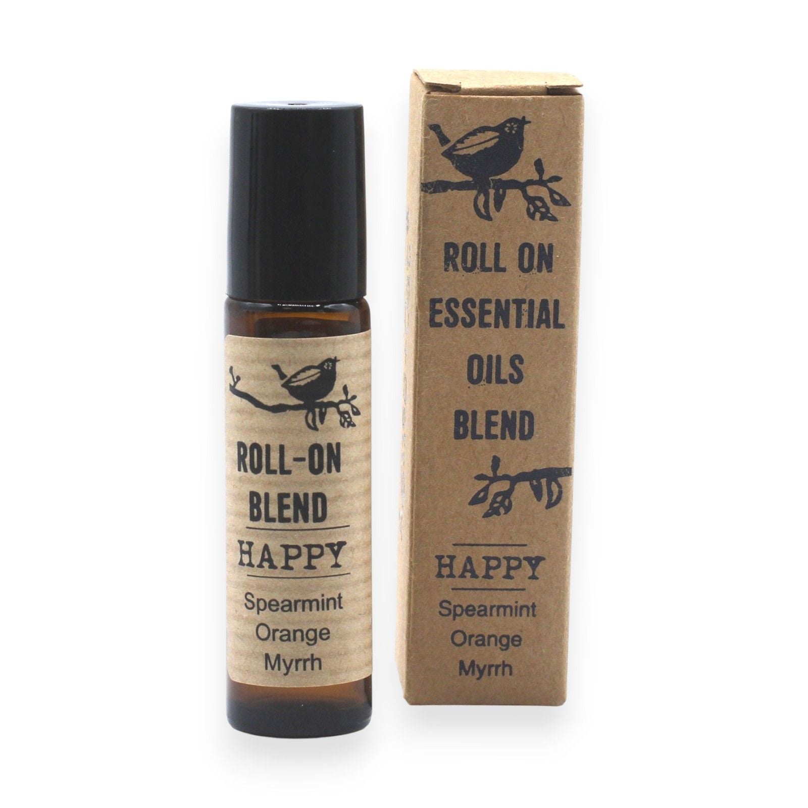 Roll-on huiles essentielles happy 10 ml avec flacon en verre ambré et emballage carton