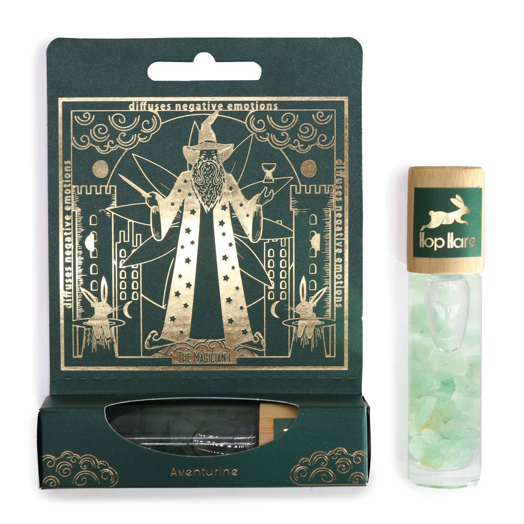 Roll-on tarot Le magicien aux huiles essentielles avec pierre d’aventurine – parfum relaxant et apaisant.