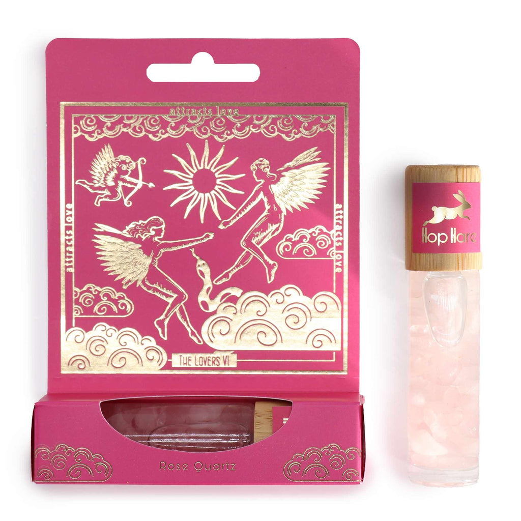 Roll-on tarot Les amoureux aux huiles essentielles avec pierre de quartz rose – parfum relaxant et apaisant.